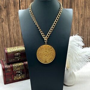 Vintage Gold Tone Aztec Mayan Calendar Large Pendant Necklace 20"